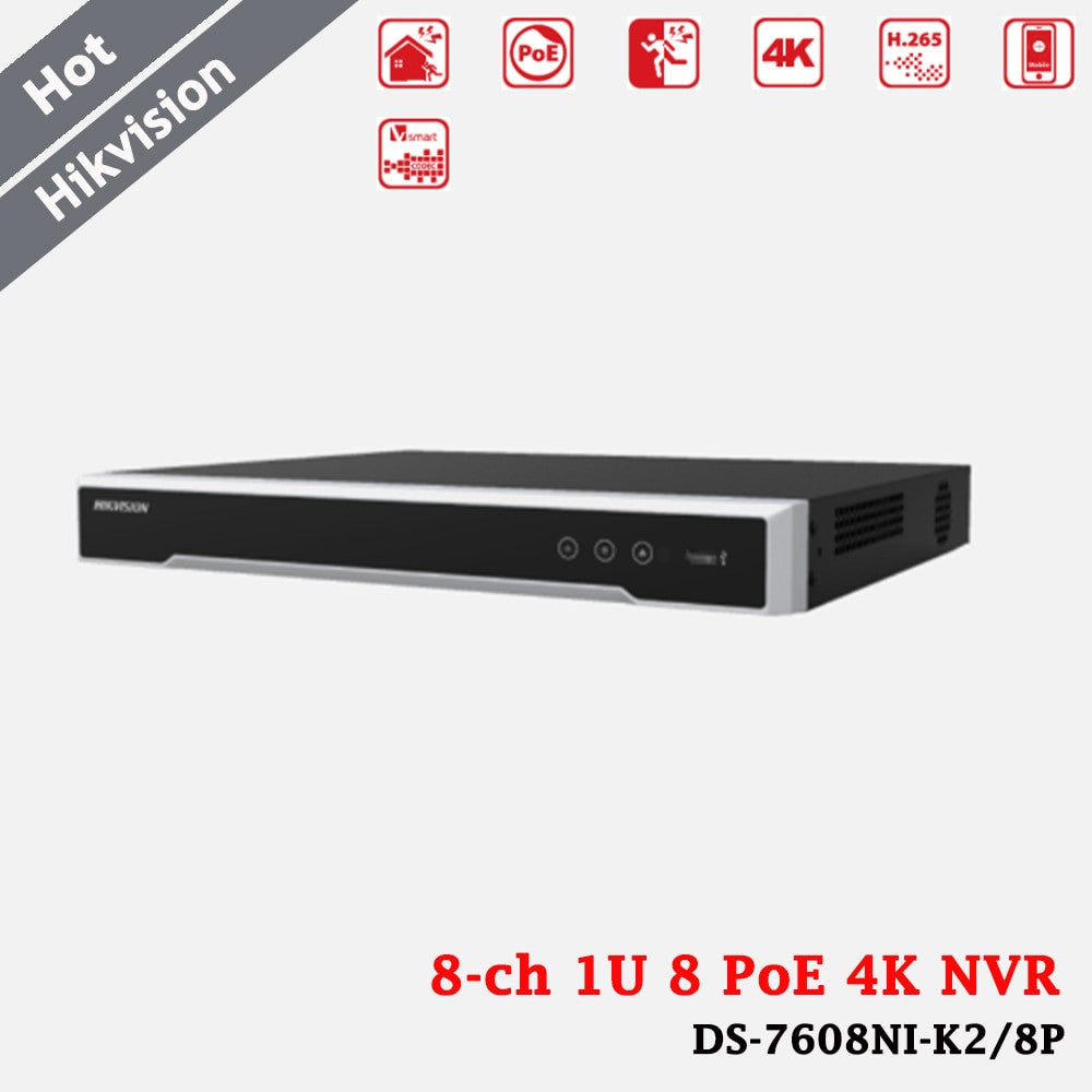 Hikvision 8 Channel 1U 8 PoE 4K NVR 8ch IP Camera Input H.265+ 80Mbps 2 SATA